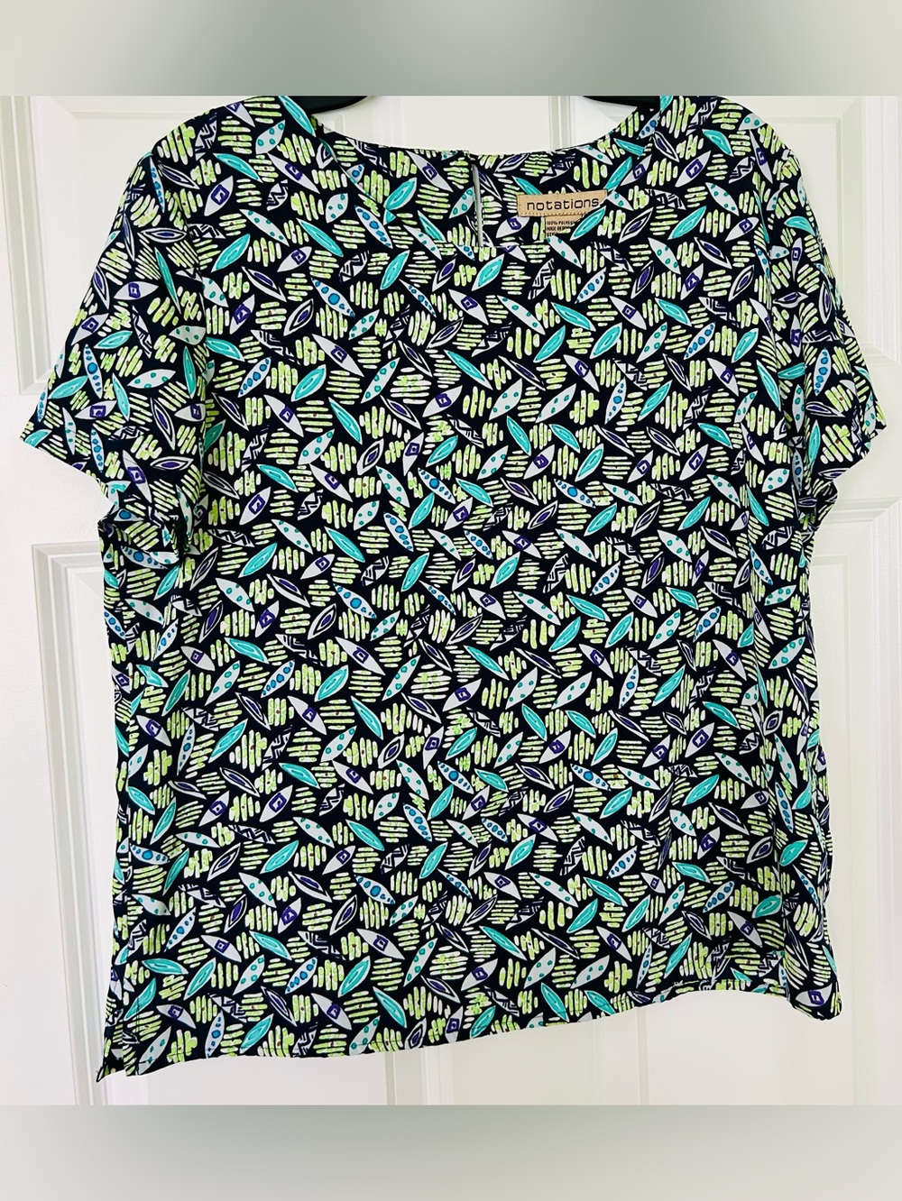 Notations Navy Short Sleeve Leaf-Pattern Top with Teal & Lime Accents